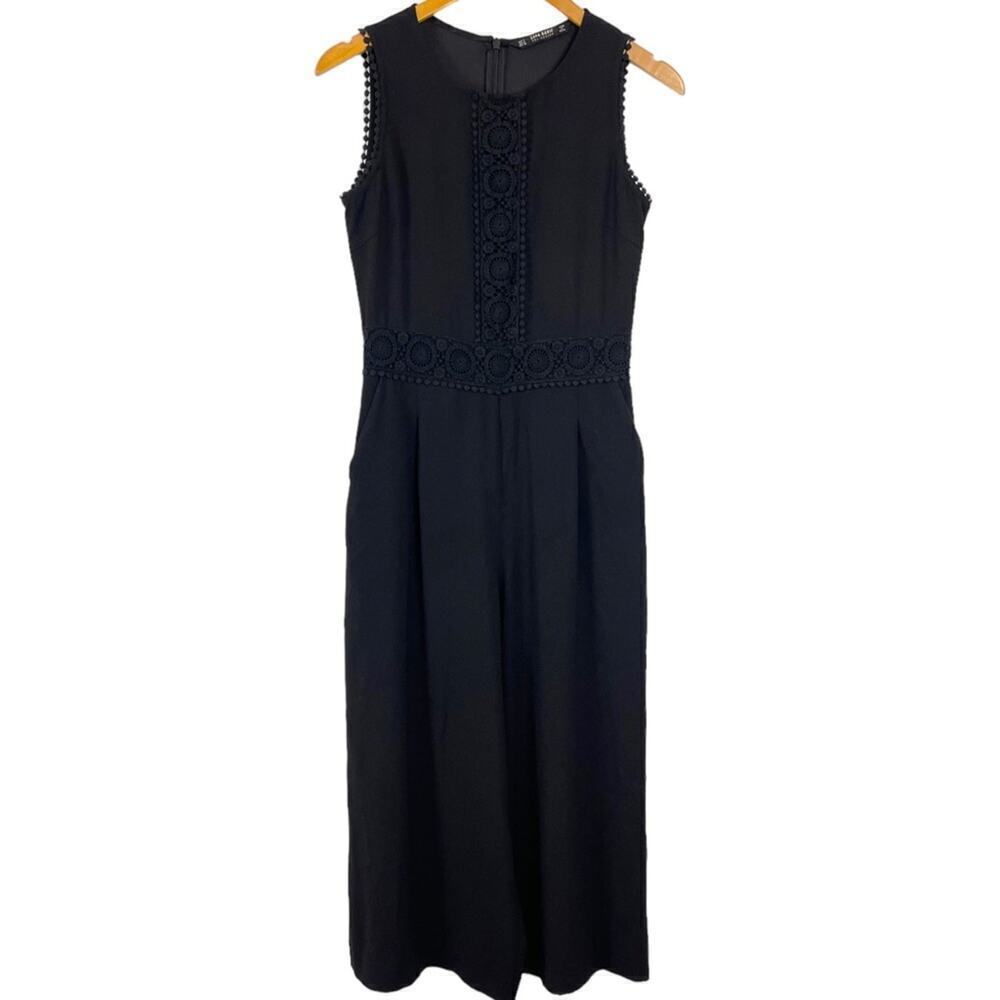 Zara Eyelet Lace Sleeveless Wide Leg Black Jumpsuit Size Small Pockets Office